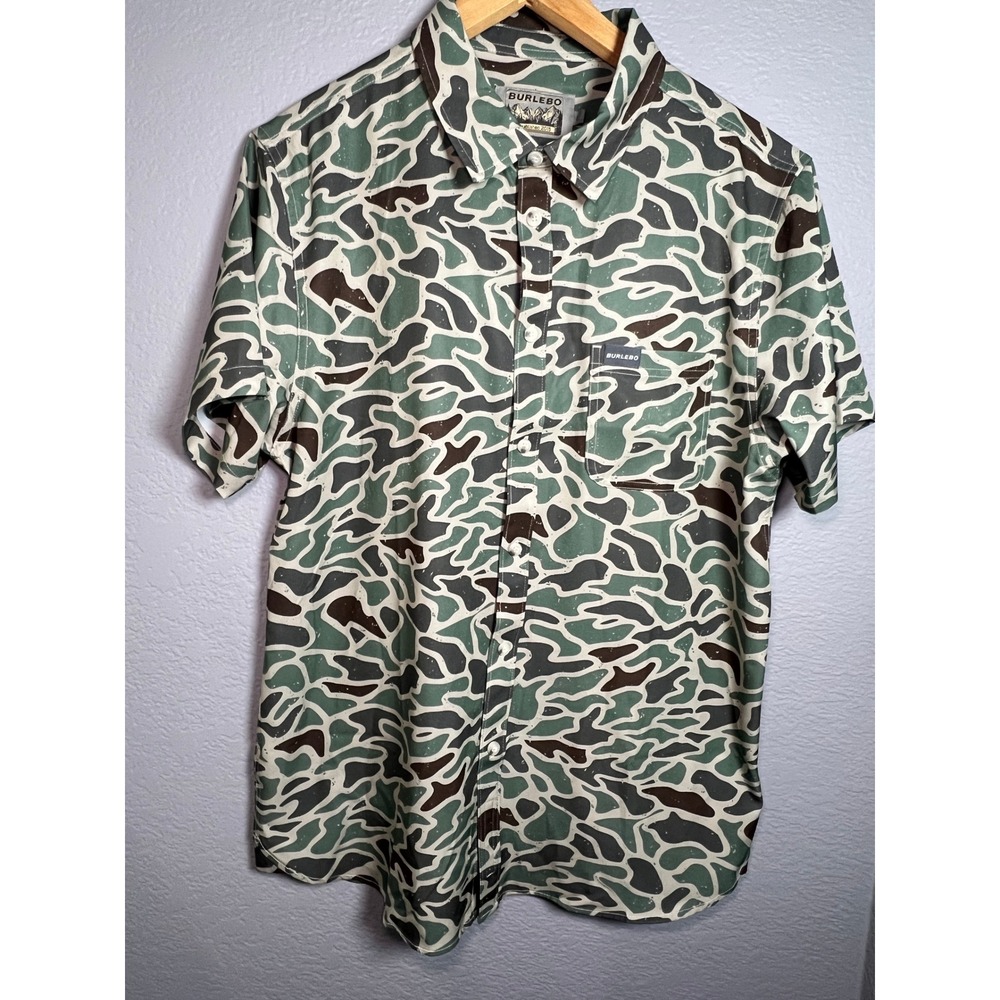 Burlebo Camo Button Down Shirt Mens L Green Brown Outdoor Short Sleeve Hunter - Picture 2 of 8